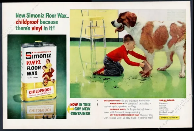 1958 St Saint Bernard dog photo Simoniz floor wax big vintage print ad