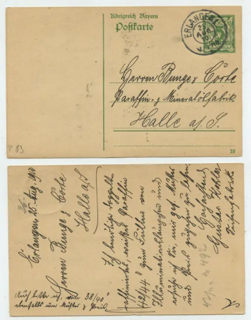 68495 - Ganzsache P 83 (10) - Postkarte - Erlangen 25.8.1910 nach Halle