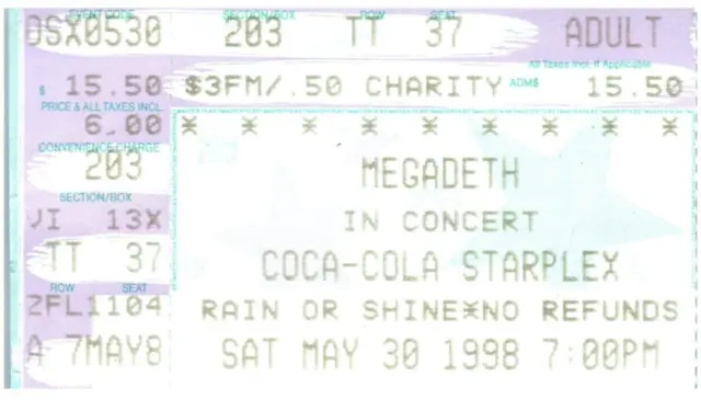 Vintage Megadeth Ticket Stub May 30 1998 Dallas Texas Starplex Amphitheater