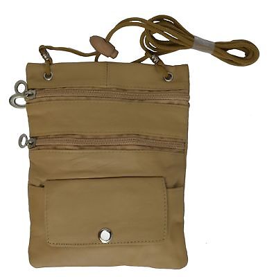 Tan Passport Leather ID Holder Neck Sling Pouch Travel Wallet String Purse