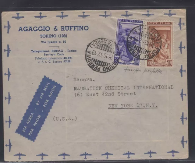 STORIA POSTALE 1952 posta aerea per gli Usa Italia al lavoro 100 + 20 lire