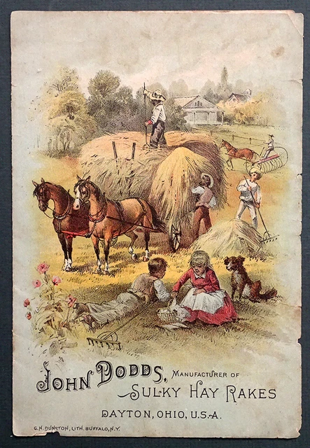 JOHN DODDS TAYLOR SULKY HAY RAKE Victorian Trade Card DAYTON OHIO Busti ...