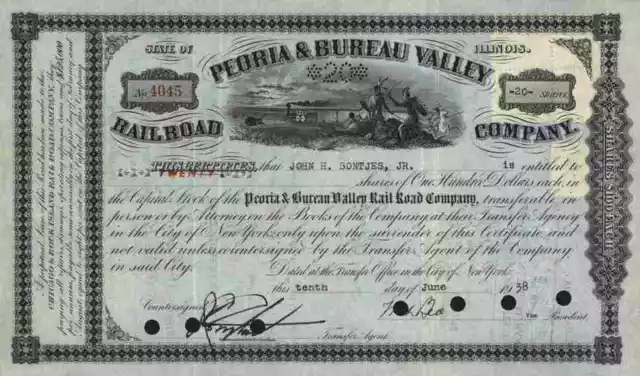 Peoria Bureau Junction Valley June 1938 New York Chicago Railroad 20 Shares