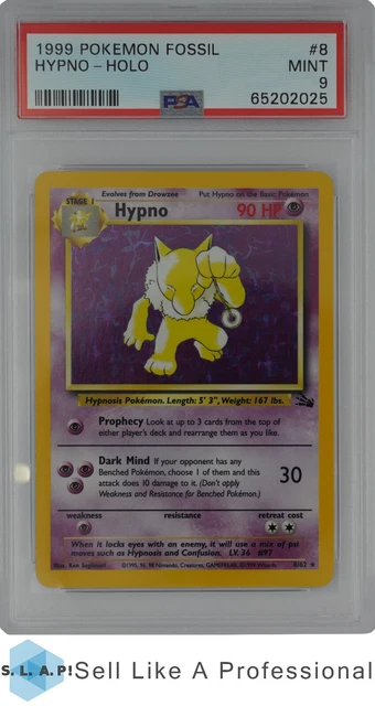 1999 Pokemon Fossil Hypno Holo 8 PSA 9