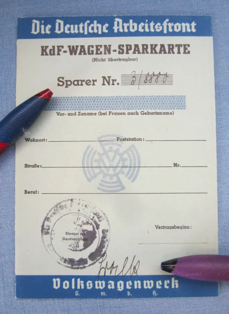 Vw Volkswagen Kdf-Wagen Sparkarte 1938 Ostpreussen Käfer Kübel 3. Reich Rar !! 2
