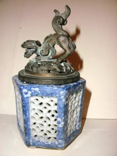 Antique 19Th 1800`S Chinese Incense Burner Blue White Porcelain Bronze Foo Dog