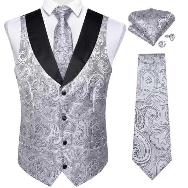 Mens Wedding Vest Silver Paisley Jacquard Formal Silk Waistcoat Tie Vest Set