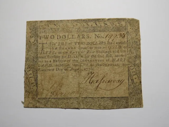 1776 $2 Annapolis Maryland MD Colonial Currency Bank Note Bill RARE ISSUE!