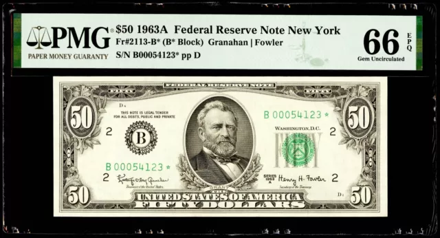 $50 1963A Federal Reserve * Star Note New York Fr#2113-B* PMG 66 EPQ Gem UNC
