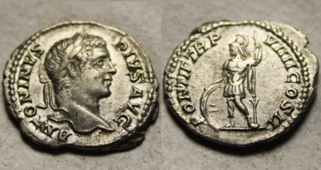 Rare genuine ancient Roman Silver coin denarius 206 AD Caracalla Mars, Shield EF