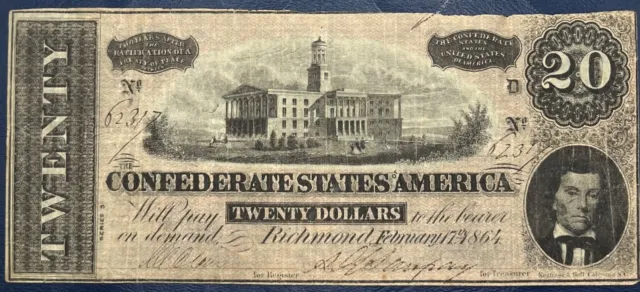 1864 $20 Confederate Currency Civil War Note