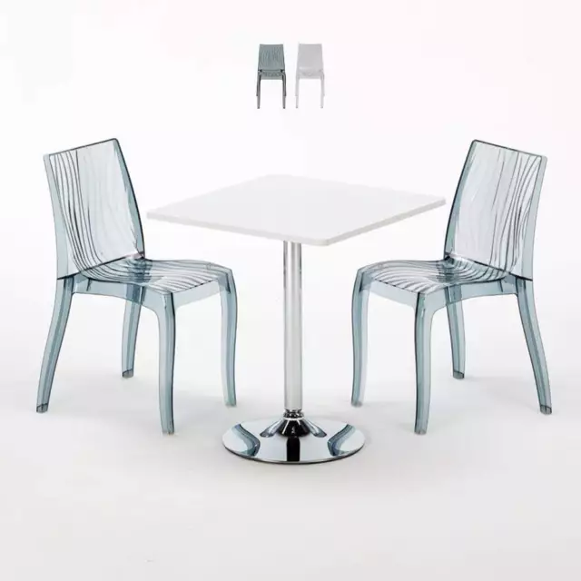 Table Carrée Blanche 70x70cm Avec 2 Chaises Colorées Et Transparentes Set Intéri