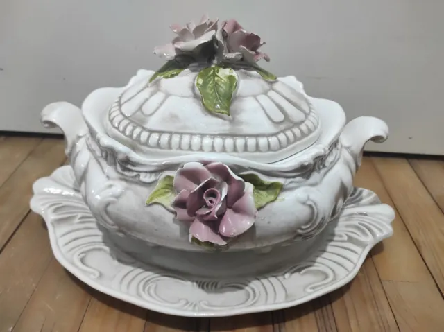 🍀Soupière porcelaine Italienne ? motif roses et grand plat