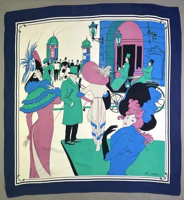 Foulard Carré En Soie 100% André Claude Canova - Motif Monuments De Lyon - 87x84 Cm - Bleu - Occasion Très Bon état