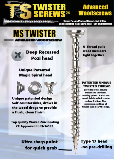 Twister Screws Multipurpose Patented screw design Self Drilling/Countersinking 3