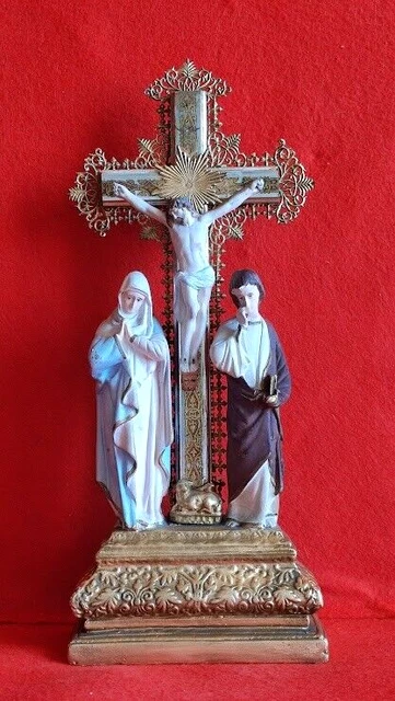 ANCIEN CHAPELET BEIGE Croix Crucifix Medaille La Sainte Vierge Laiton
