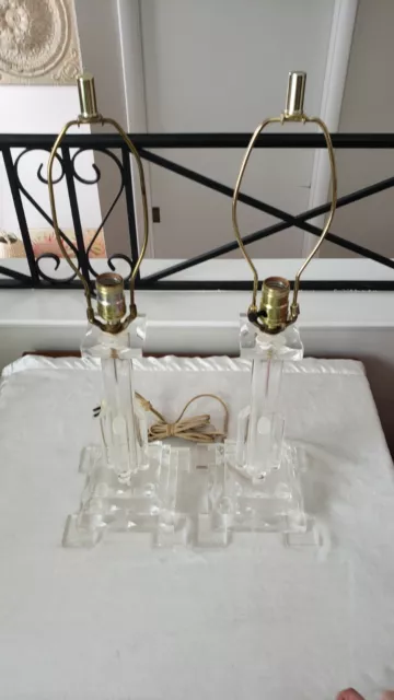 PAIR Vintage Lucite Hollywood Regency Lamps, MCM Modern, Glam, Brass, Art Deco