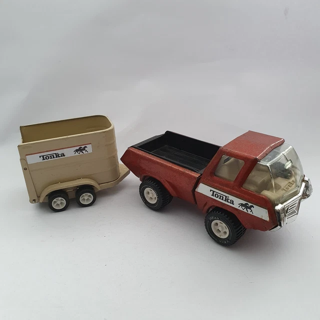 VINTAGE TONKA TOY. Pickup Truck and Horse Trailer. BRONZE. Pressed