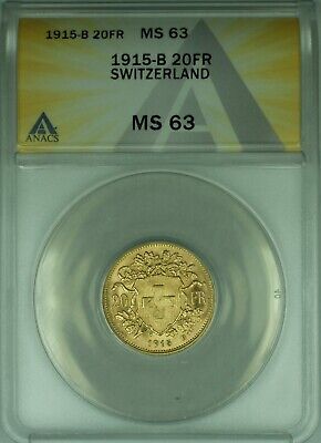 1915-B Switzerland 20 Francs Gold Coin ANACS MS-63