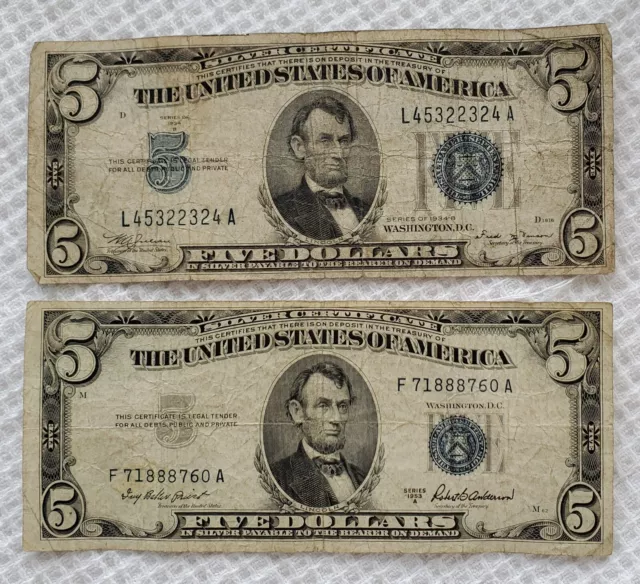 1934 And 1953  $5 Five Dollar Silver Certificates, Lot Of 2 Old Bills