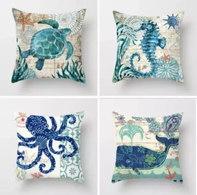 Marine Sea Life Polyester Cushion Cover Blue Aqua Sea Horse Turtle Octopus Whale