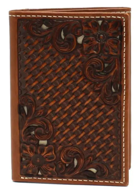 Nocona Western Mens Wallet Trifold Leather Floral Weave Brown
