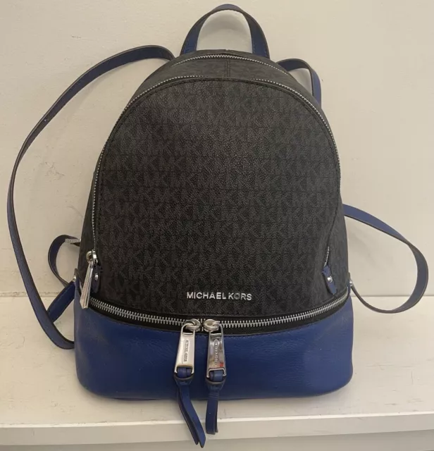 Michael Kors Rhea Zip Backpack Sapphire Blue Black Silver Travel School Bag Nwt