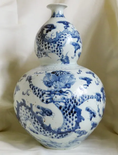 Antik Groß Chinesisch Blau & Weiß Handbemalt Doppel Kürbis Porzellan Vase