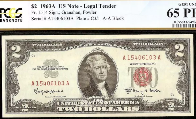 1963 A $2 Two Dollar Bill Red Seal Legal Tender Note Paper Money Pcgs 65 Ppq