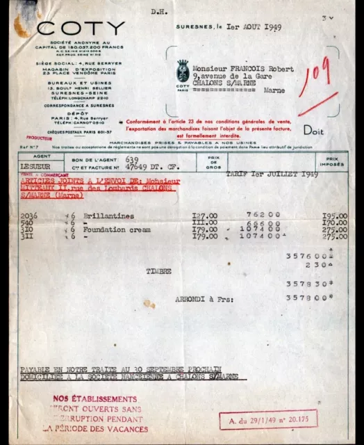 SURESNES (92) USINE de PRODUITS COSMETIQUES "COTY" Facture en 1949