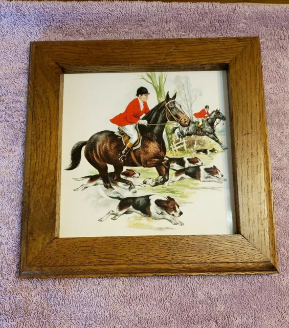 Ceramic Tile Wood Frame Wall Plaque Trivet English Fox Hunting