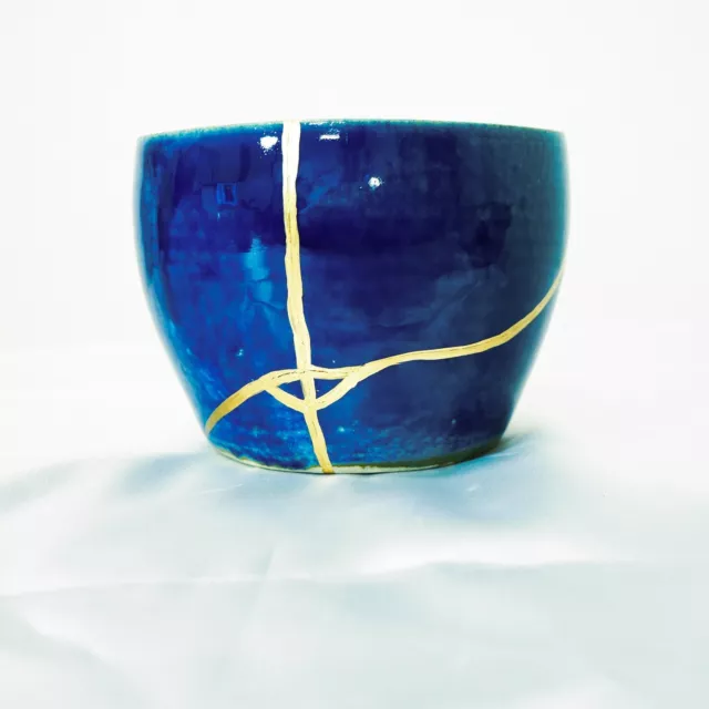 18K Gold Kintsugi Flower Pot Japanese Ceramic Housewarming Gift  - Blue