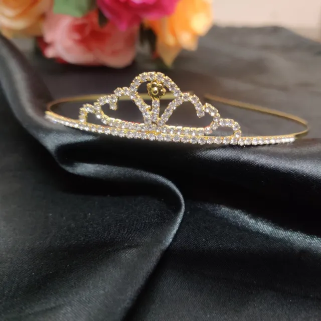 Gold Plated Princess Crystal Small Crown Rhinestone CZ Wedding Tiara Headband
