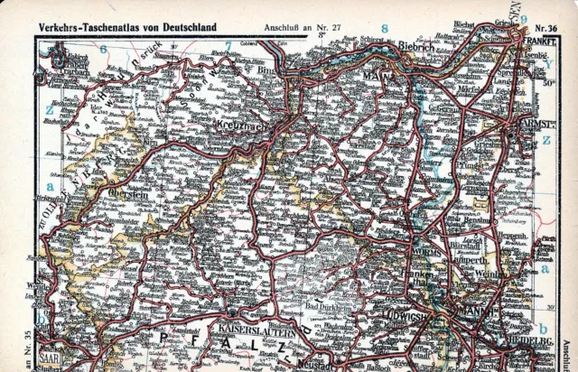 Kaiserslautern Mainz Kreuznach 1922 orig. Eisenbahn-Teilkarte Mannheim Alzey
