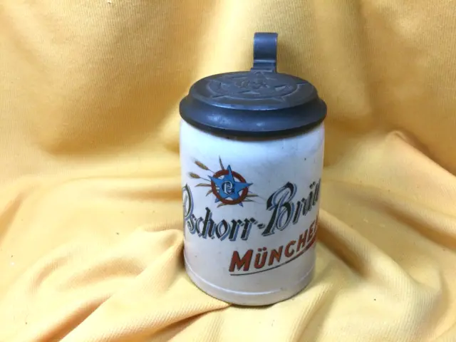 Vintage German Pschorr-Brau  Pewter Lidded Brewery Stein w/ Original Lid - 0.5L