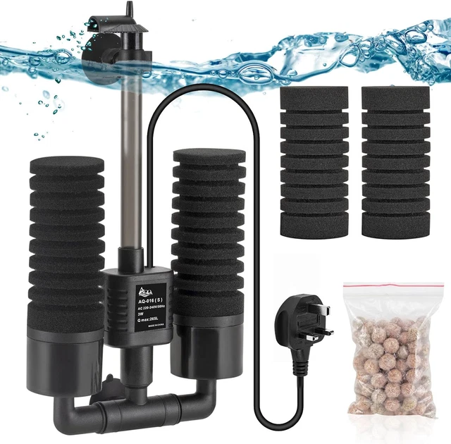 AQQA Aquarium Double Sponge Filter, 3W/5W Quiet Electric Power Fish Tank Filter,