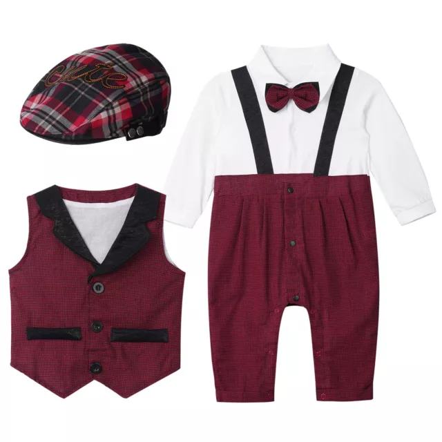 Baby Anzug Junge Strampler Gentleman Outfit Taufe Overall Bodysuit Weste mit Hut