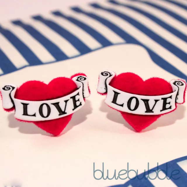 Funky Red Tattoo Love Heart Earrings Cute Kitsch Retro Sailor Rockabilly Pin Up