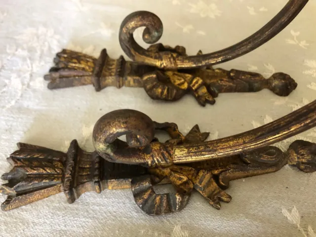 Pair Antique French Bronze Old Warm Gold Tied Bow Curtain Tie Backs Hooks c1890