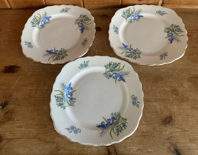 3 Vintage Colclough Tea Side Plates Blue Floral Bone China 1950s