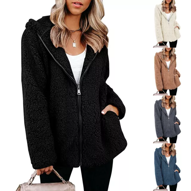 Womens Teddy Bear Fluffy Coat Zip Up Winter Cardigan Fleece Hoody Jacket Outwear