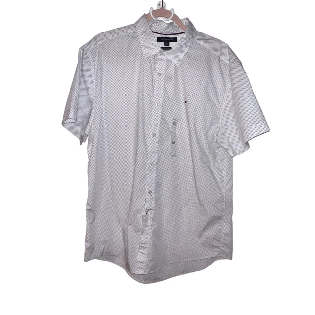 Tommy Hilfiger Mens Custom Fit White Blue Polka Dot Button Front  Shirt Xl  New