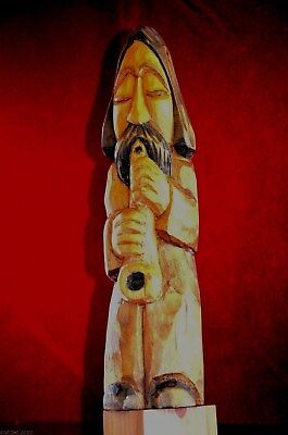 Vtg Original  Carved  Wooden Primitive Hand  Poland  Art -Old Man Play Flute