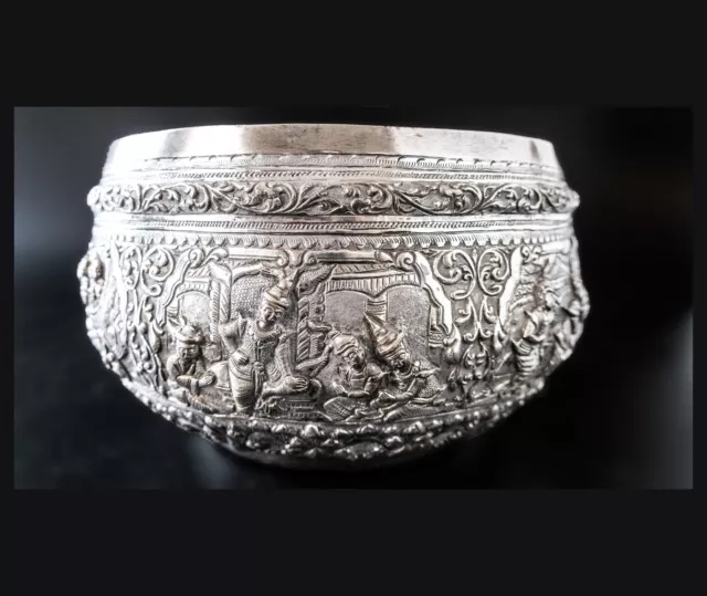 Large Burmese Myanmar Silver Offering Bowl Repousse Vessantara Jataka