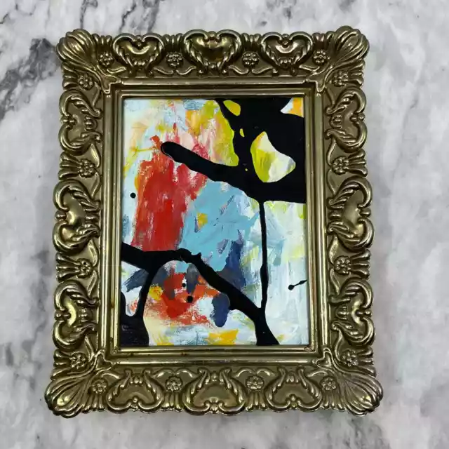 Original Framed Abstract Art Painting 4x5" Mini in Vintage Brass Frame w COA TJ4