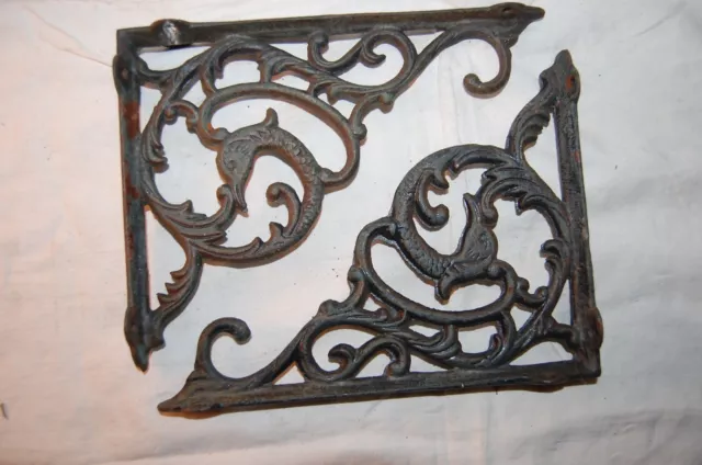 Vintage Pair  Cast Iron Ornate  Bird ? Fish ? Shelf Brackets 10 " X 8 "