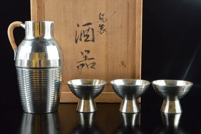 G7204: Japanese Tin Ring line sculpture SAKE BOTTLE & CUP/Tokkuri Sakazuki