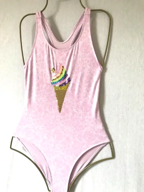 Girls Pink Mix NEXT Sequin Swimsuit Age 11 Years - Costume Ice Cream Sports Back