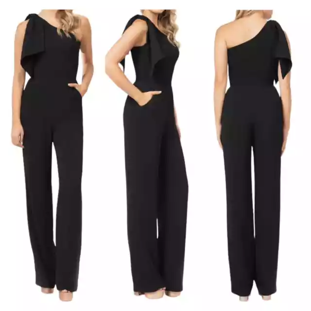 Dress The Population NWT Tiffany One-Shoulder Jumpsuit Size XL Black Pockets