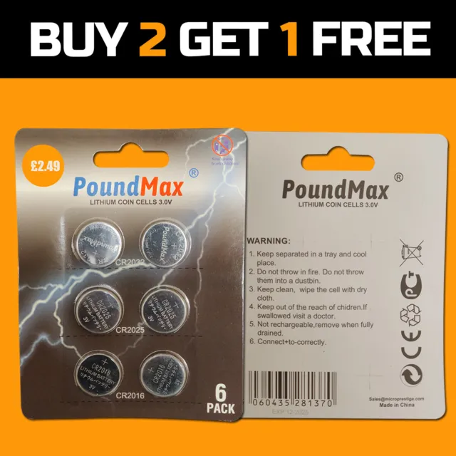 6 X PoundMax Mixed CR2032 CR2025 CR2016 3V Lithium Button Coin Cell Battery